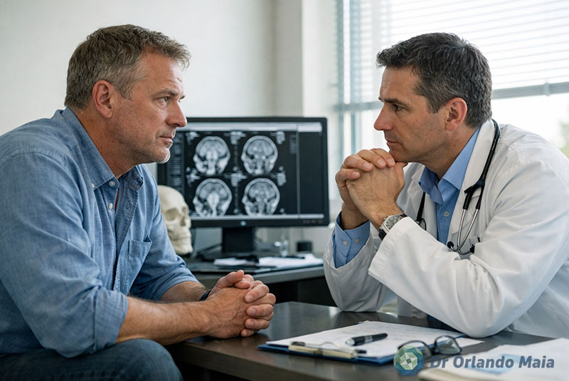 Paciente em consulta com neurocirurgião discutindo epilepsia refratária