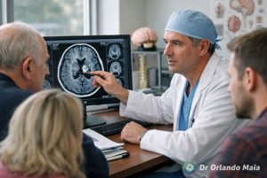 Neurocirurgião explica exame cerebral durante consulta