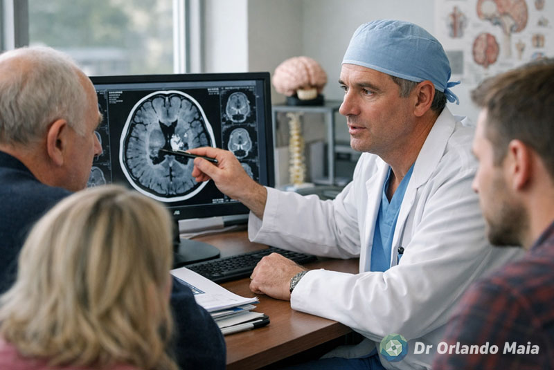 Neurocirurgião explica exame cerebral durante consulta