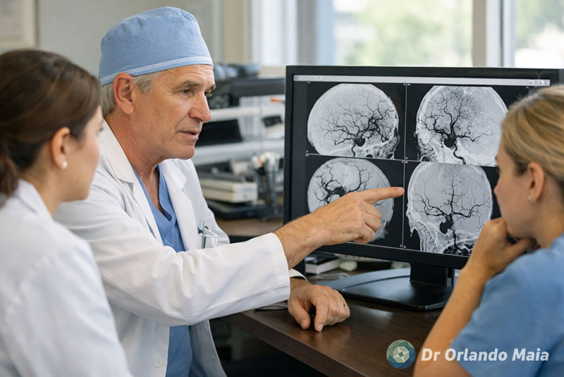 Neurocirurgião analisa angiografia cerebral com equipe