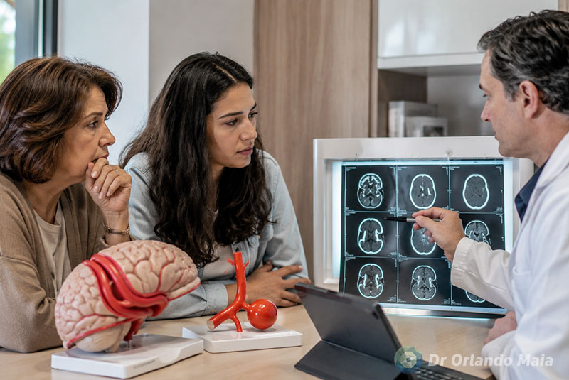 Neurocirurgião explicando diferença entre AVC e aneurisma para paciente e familiar